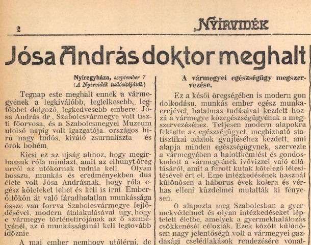 A Nyírvidék tudósítása Jósa haláláról 03. Nyirvidek Josa halala